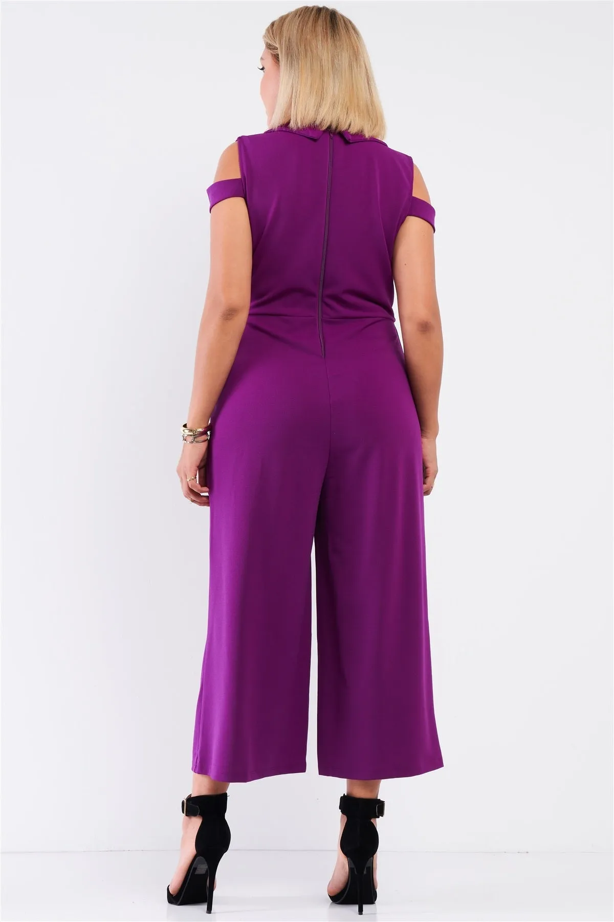 Plus Magenta Sleeveless Collared Plunging V-neck Wide Leg Jumpsuit
