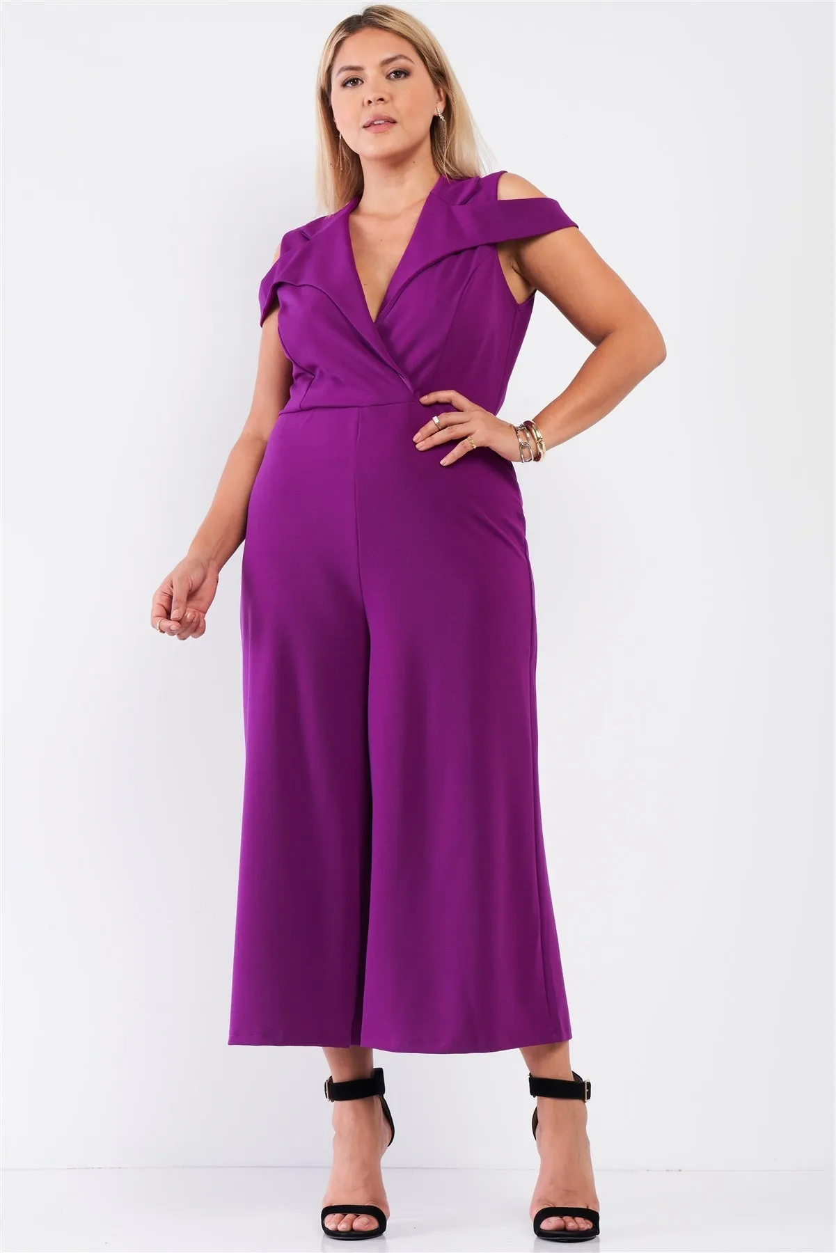Plus Magenta Sleeveless Collared Plunging V-neck Wide Leg Jumpsuit