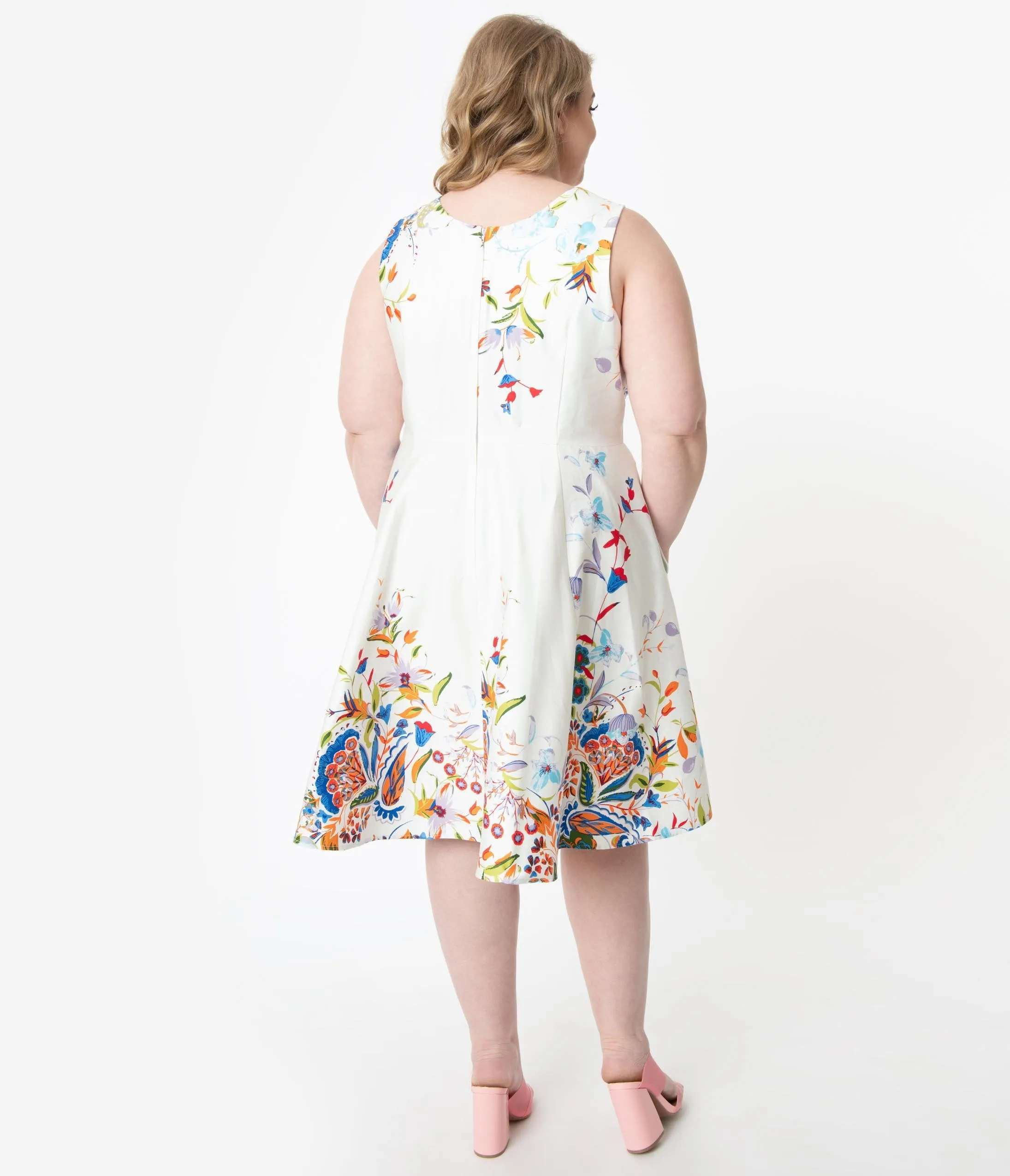 Plus Size Ivory Double Border Floral Print Swing Dress