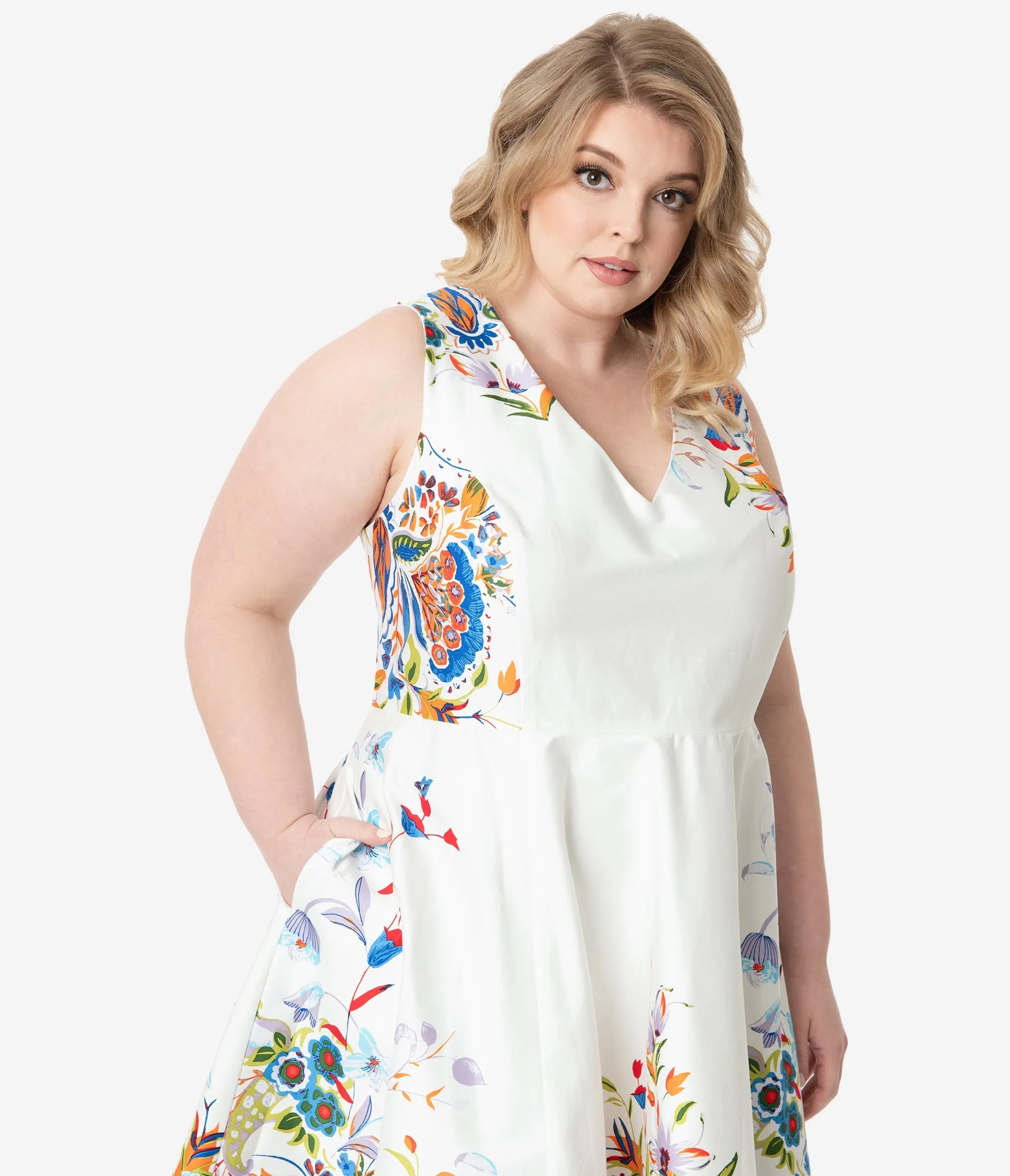 Plus Size Ivory Double Border Floral Print Swing Dress