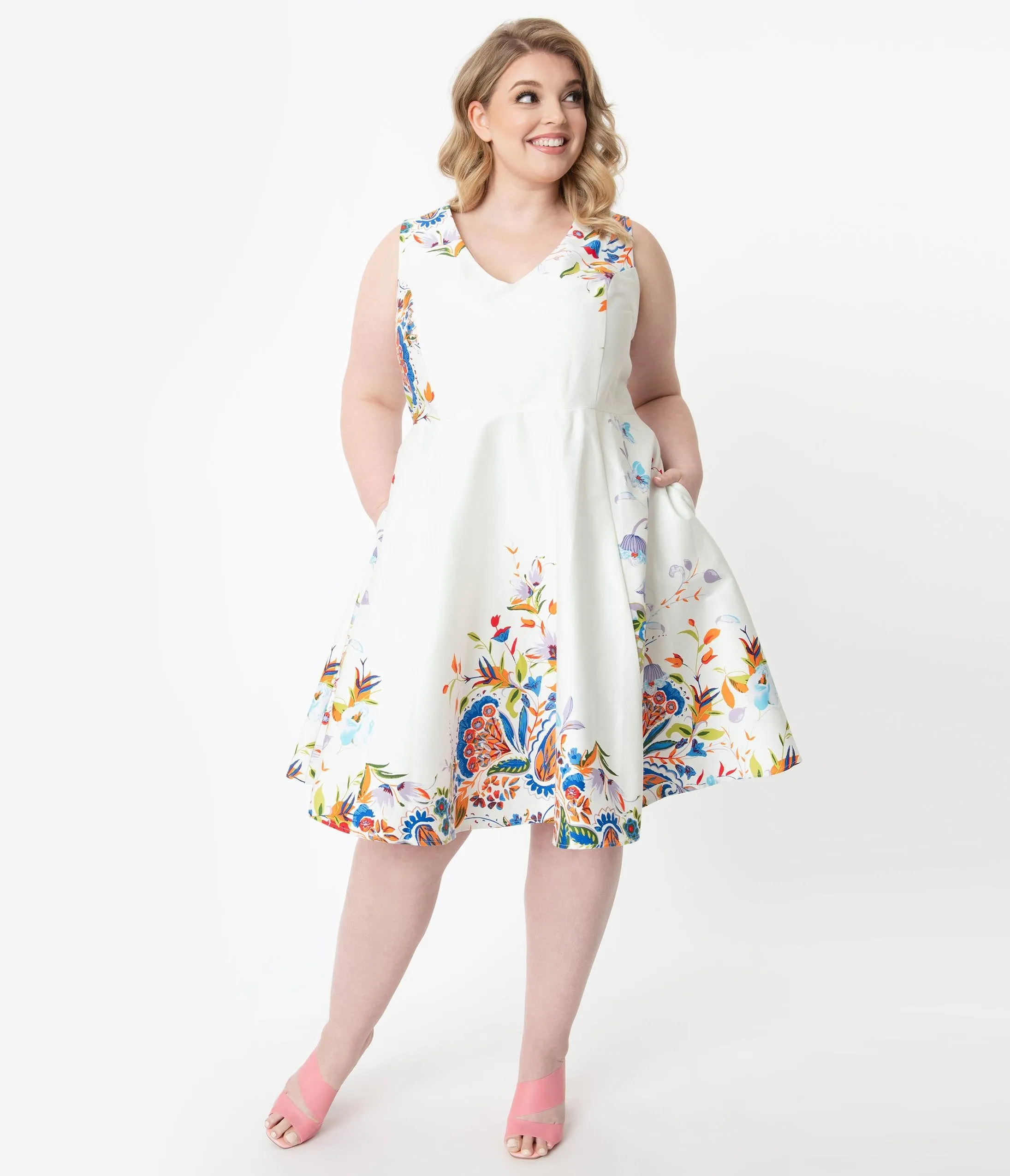 Plus Size Ivory Double Border Floral Print Swing Dress