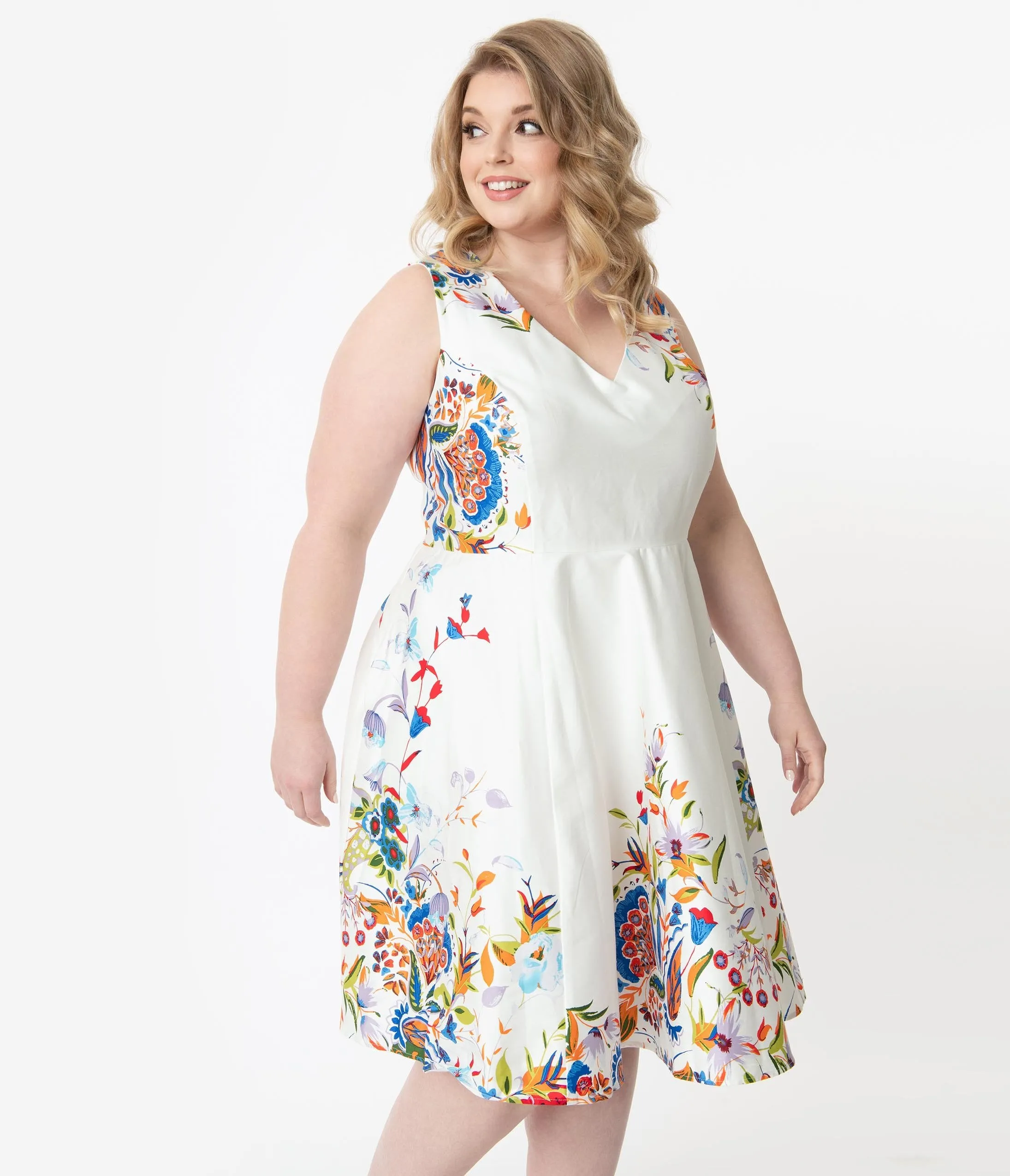 Plus Size Ivory Double Border Floral Print Swing Dress