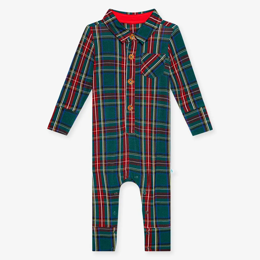 Posh Peanut | Long Sleeve Collared Henley Romper ~ Tartan Plaid