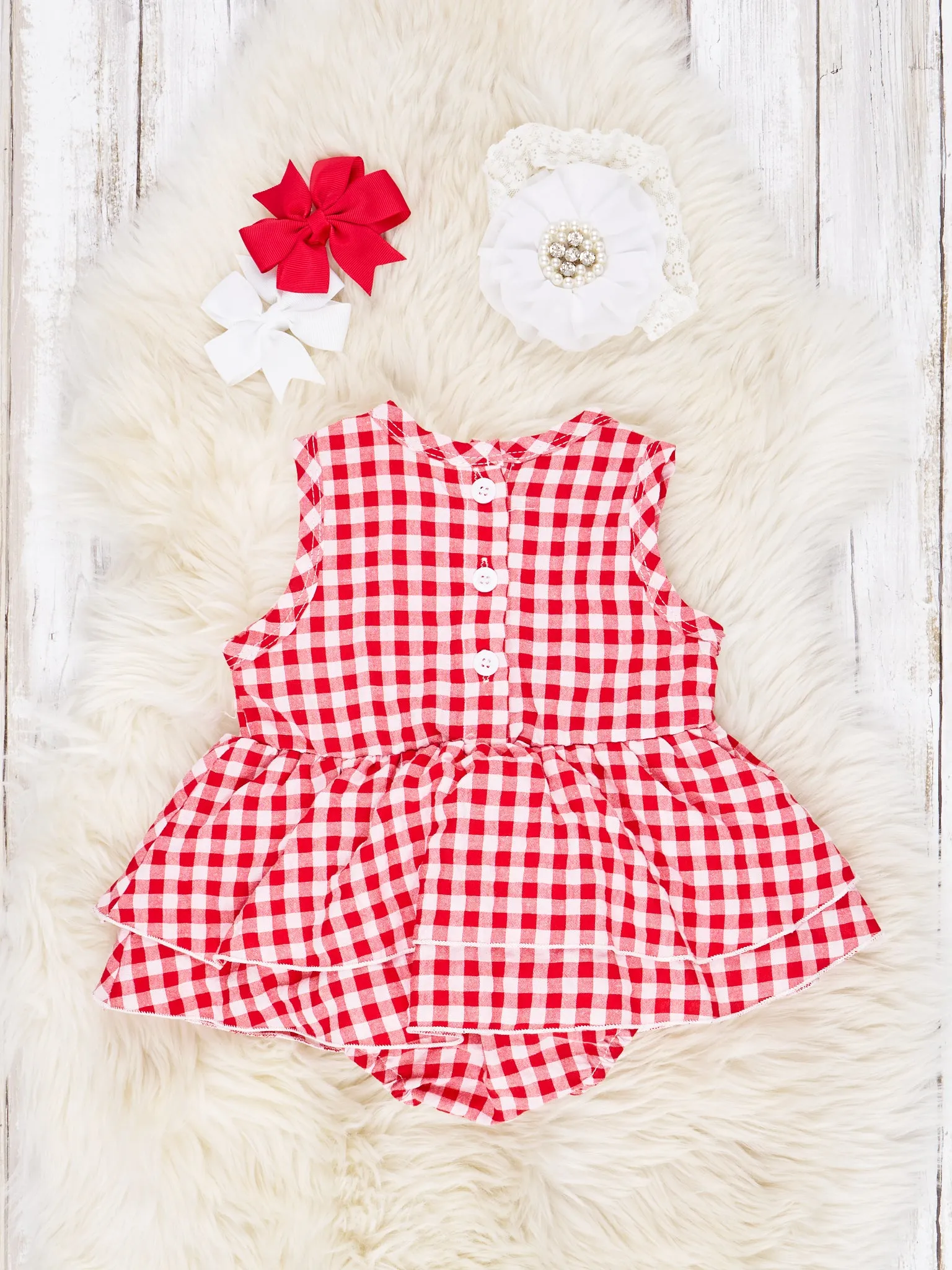 Red Gingham Dressy Ruffle Romper