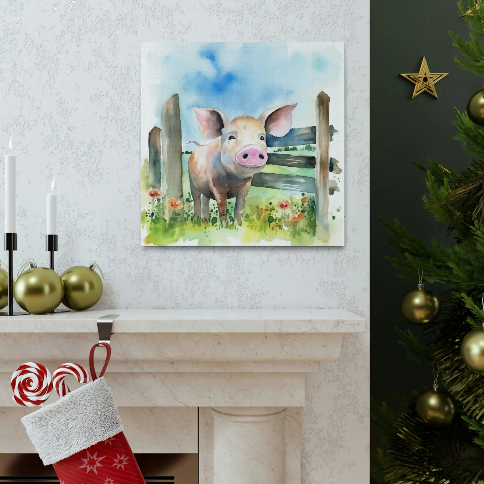Rustic Folk Art Watercolor Pig Canvas Gallery Wraps - Perfect Gift for Your Country Farm Friends