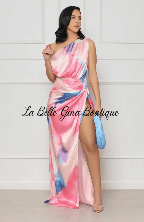 Sara Sleeveless Vibrant Colorful Split Dress-Pink-FINAL SALE