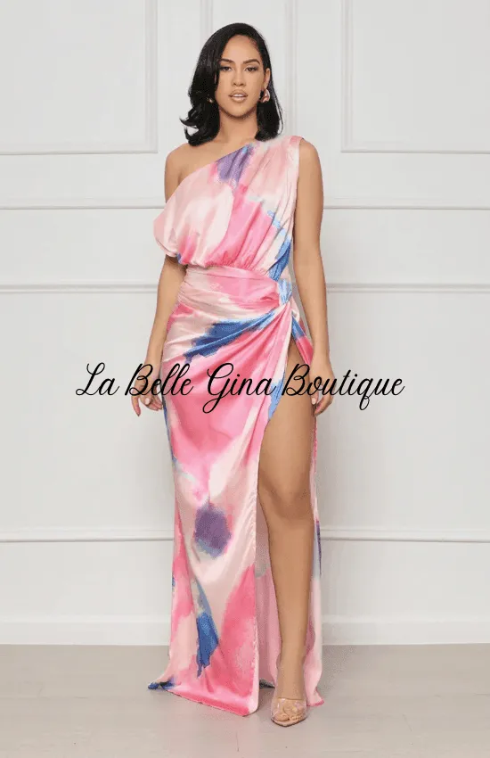Sara Sleeveless Vibrant Colorful Split Dress-Pink-FINAL SALE