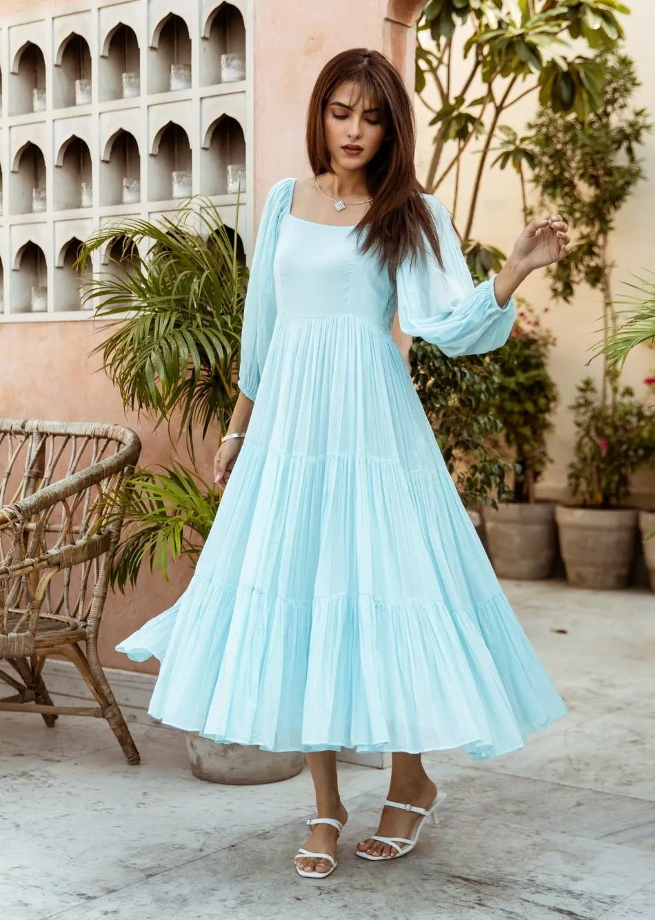 Sky Blue Solid Mulmul Tiered Midi Dress