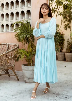 Sky Blue Solid Mulmul Tiered Midi Dress