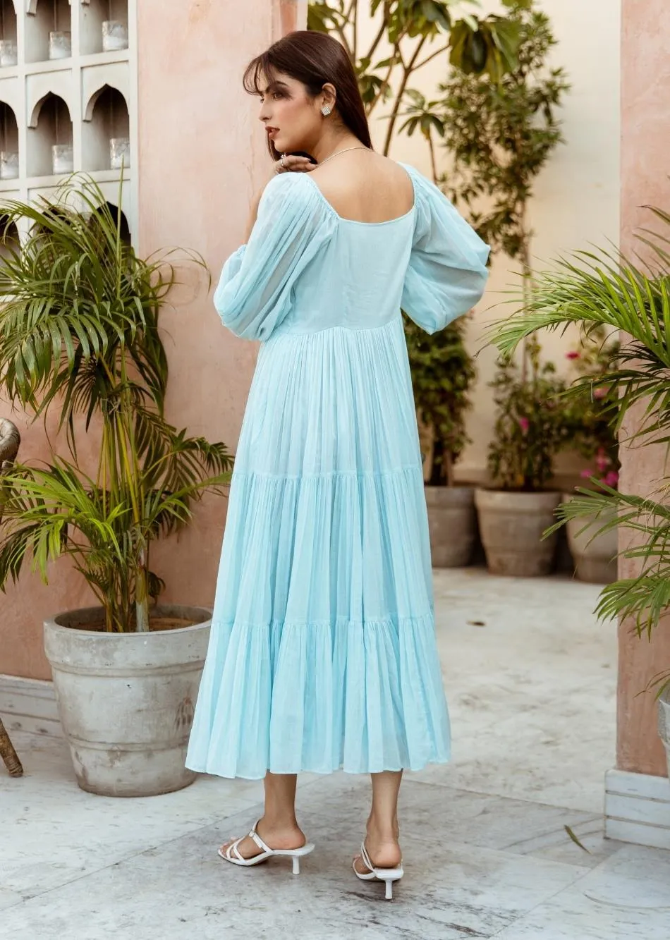 Sky Blue Solid Mulmul Tiered Midi Dress