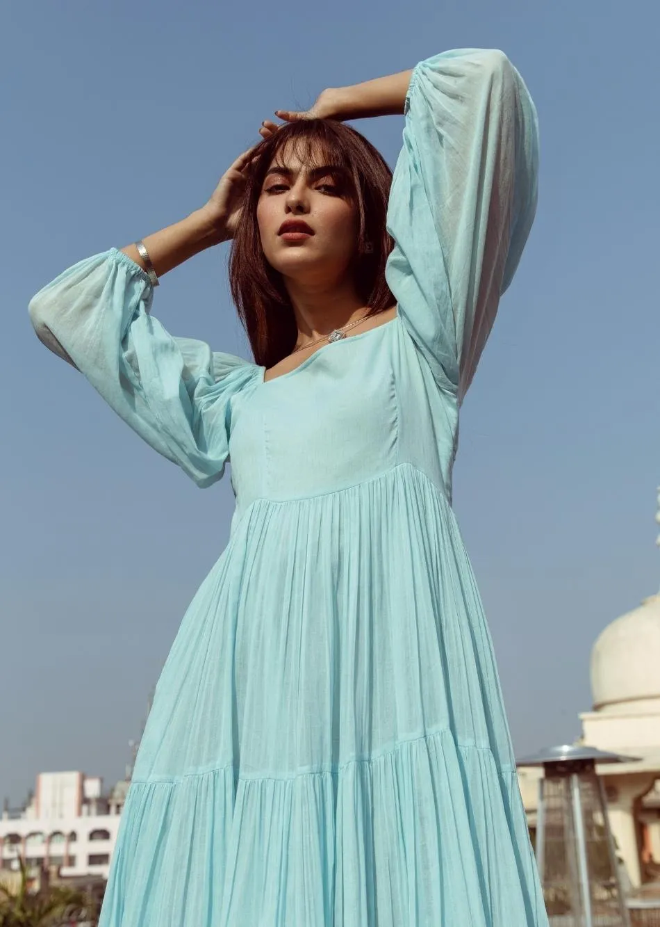 Sky Blue Solid Mulmul Tiered Midi Dress