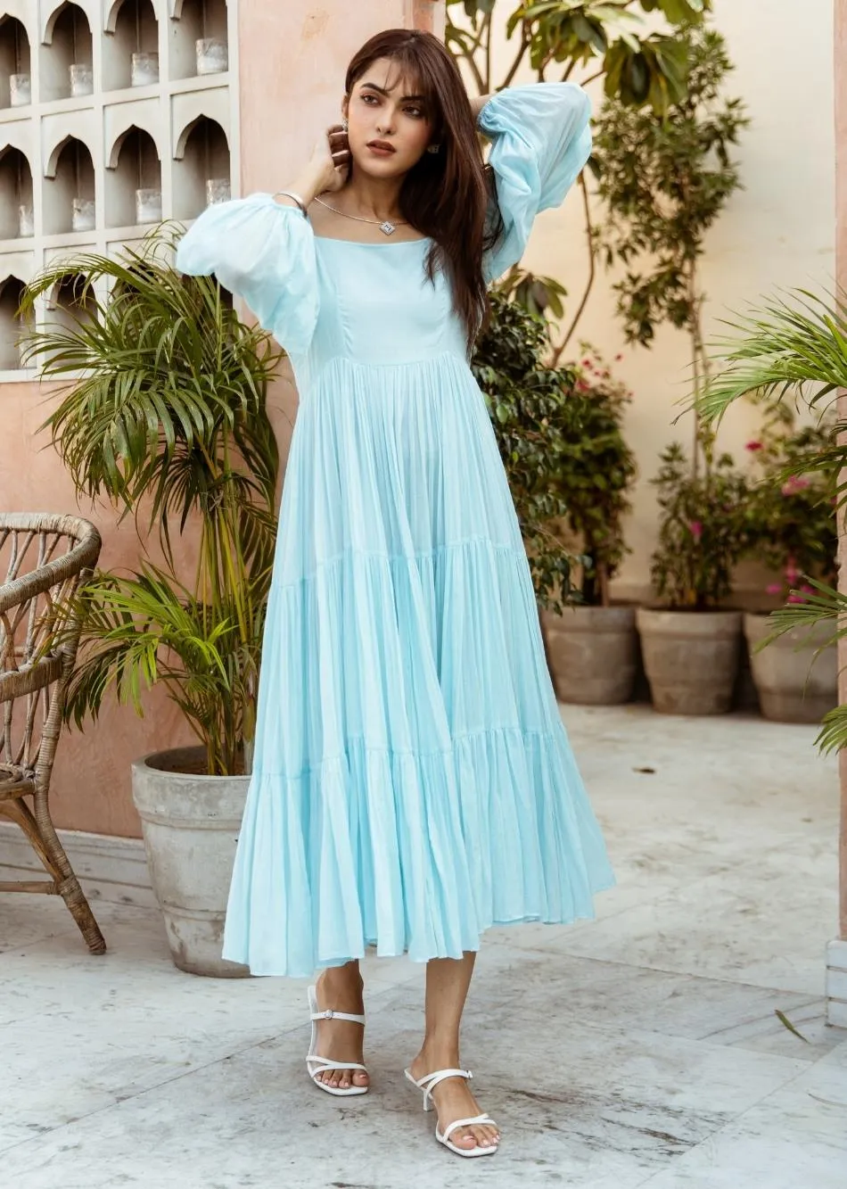 Sky Blue Solid Mulmul Tiered Midi Dress