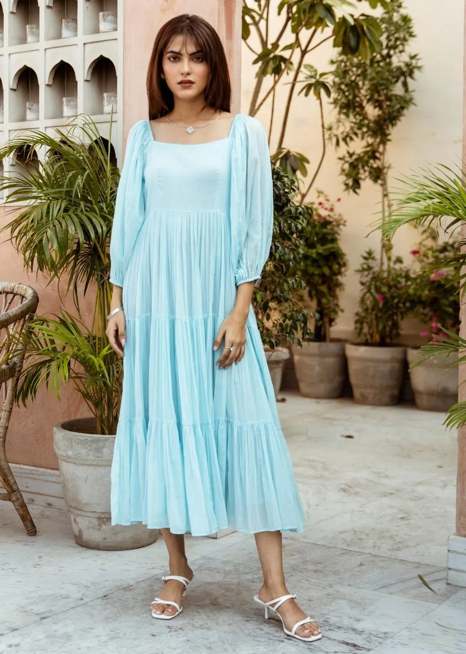 Sky Blue Solid Mulmul Tiered Midi Dress