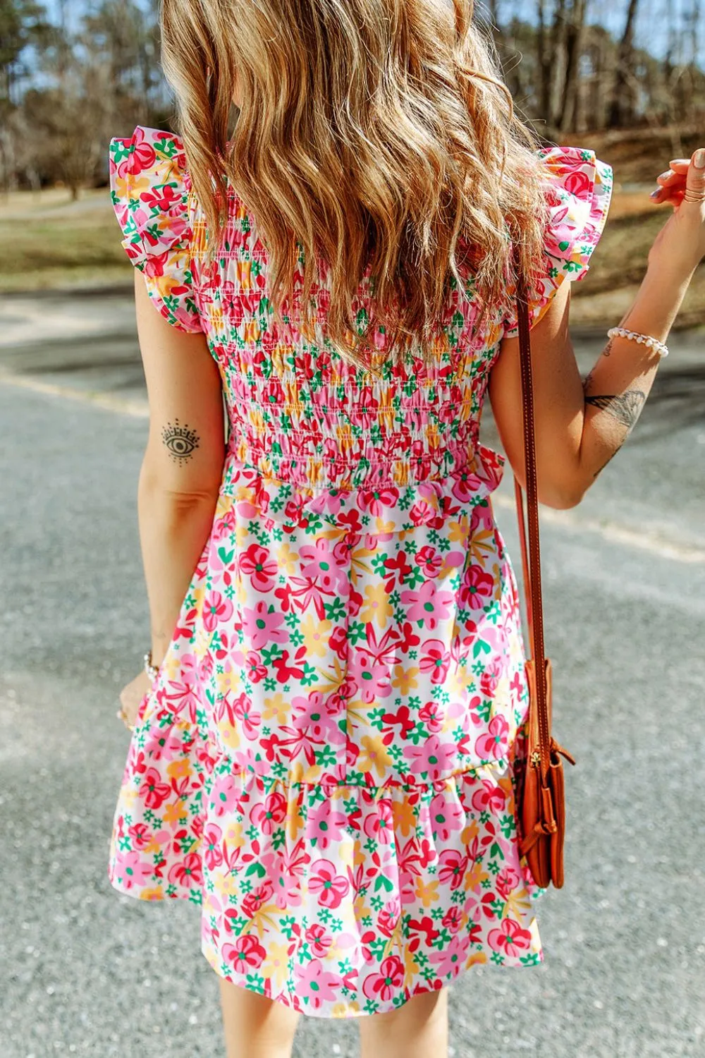 Smocked Floral V-Neck Ruffled Cap Sleeve Dress
