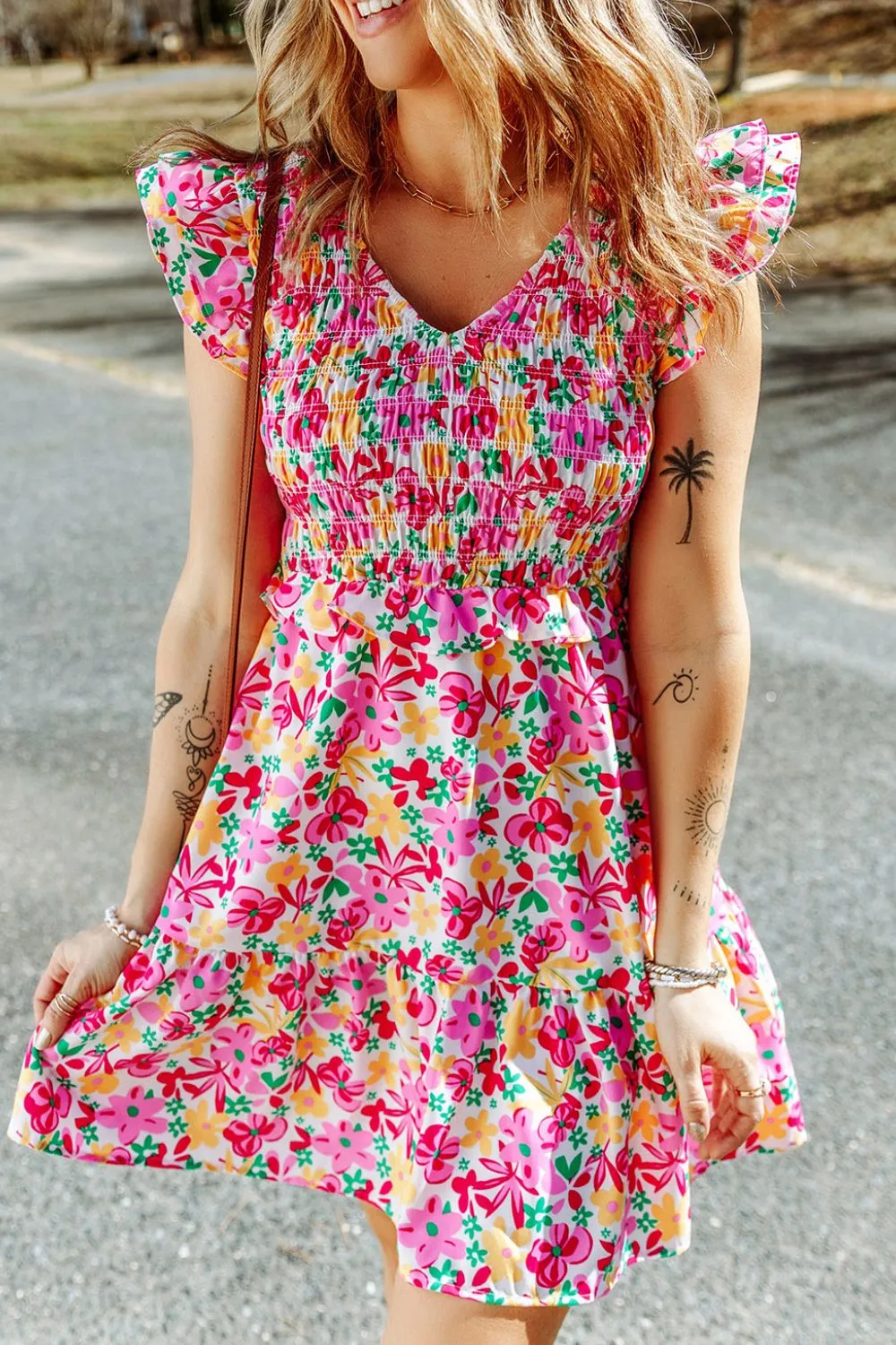 Smocked Floral V-Neck Ruffled Cap Sleeve Dress