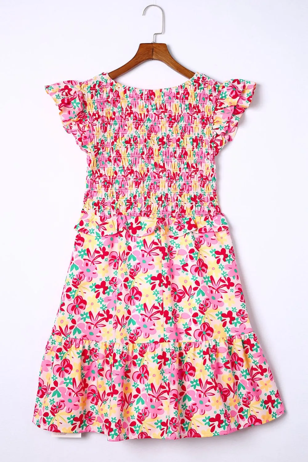 Smocked Floral V-Neck Ruffled Cap Sleeve Dress