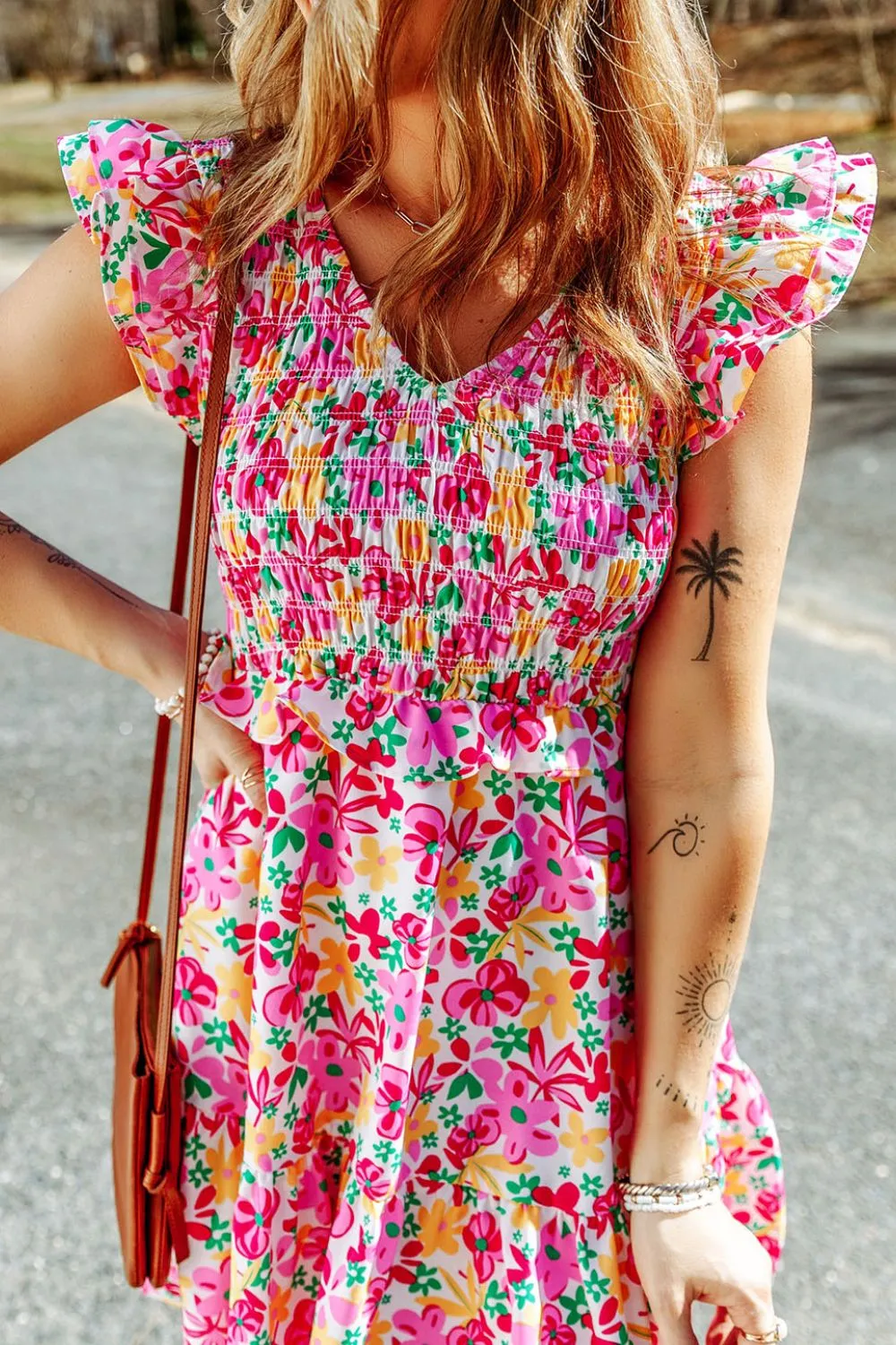 Smocked Floral V-Neck Ruffled Cap Sleeve Dress