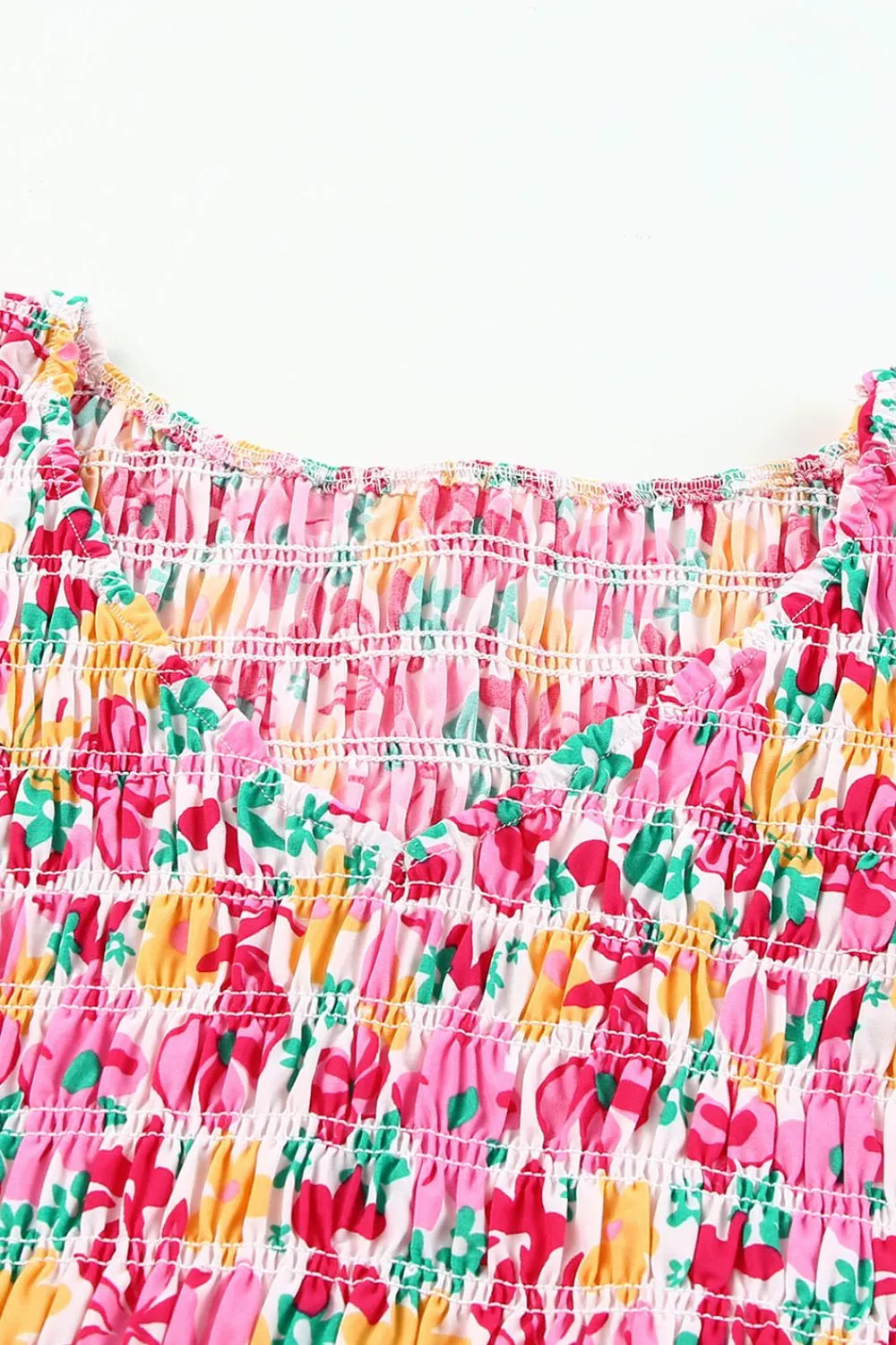 Smocked Floral V-Neck Ruffled Cap Sleeve Dress