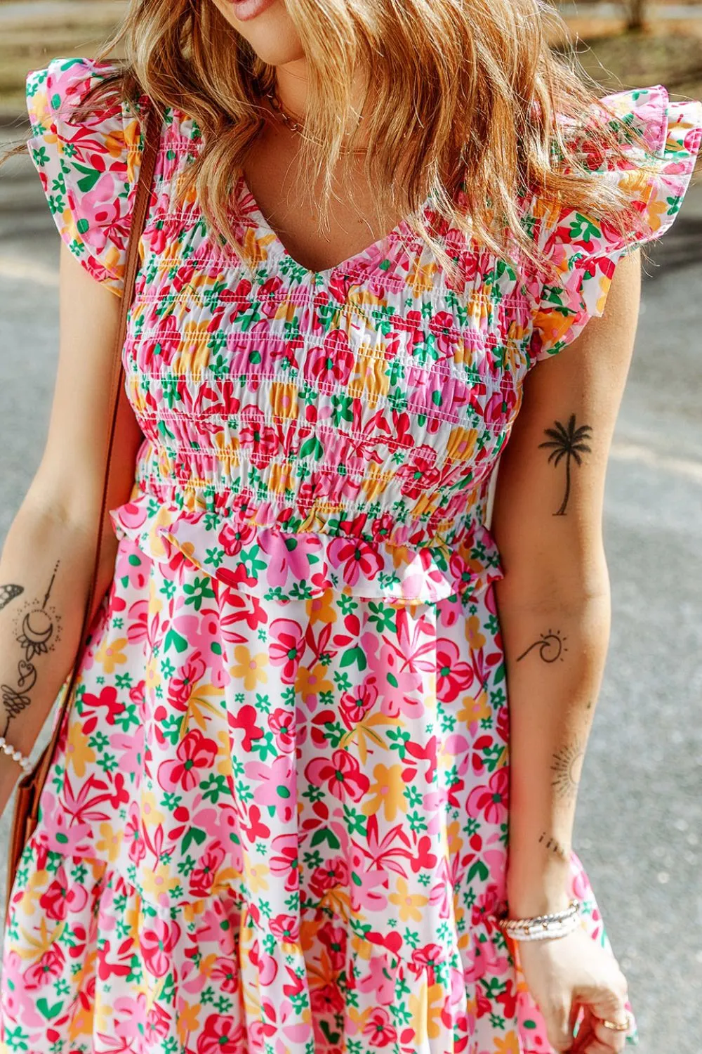 Smocked Floral V-Neck Ruffled Cap Sleeve Dress