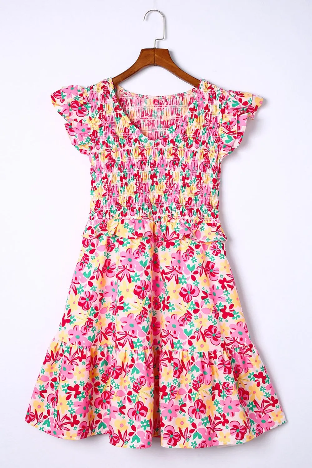 Smocked Floral V-Neck Ruffled Cap Sleeve Dress