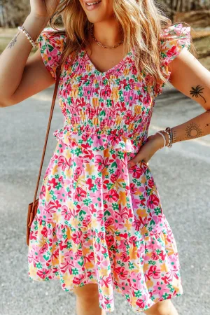 Smocked Floral V-Neck Ruffled Cap Sleeve Dress