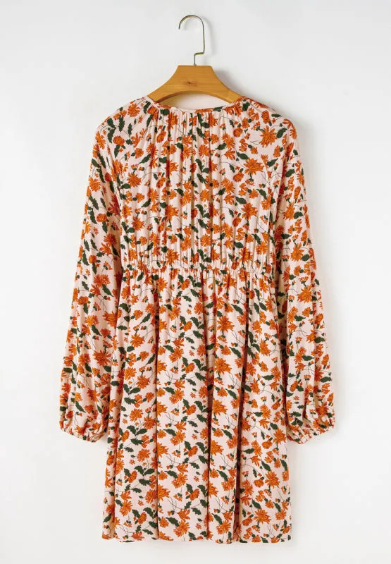 Smocked Printed V-Neck Long Sleeve Dress
