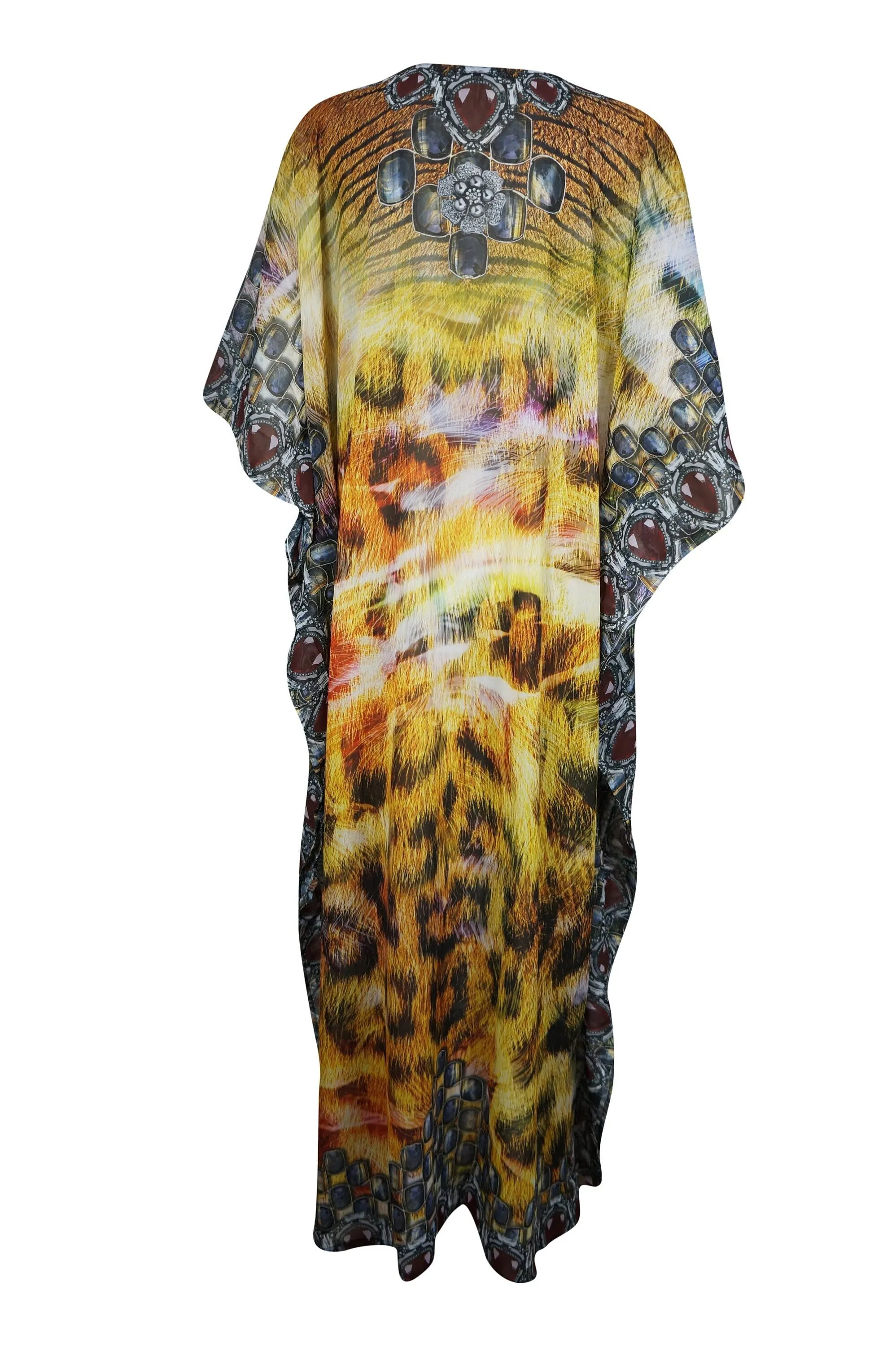 Soft Caftan Maxi Dress, Bohemian Yellow Georgette Cruise Kaftan Maxi Dresses 3XL