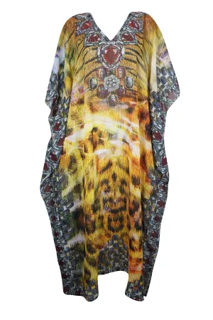 Soft Caftan Maxi Dress, Bohemian Yellow Georgette Cruise Kaftan Maxi Dresses 3XL