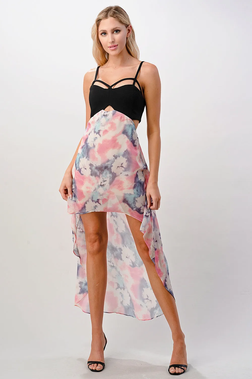 Strappy Bodice Tie-Dye High-Low Dress