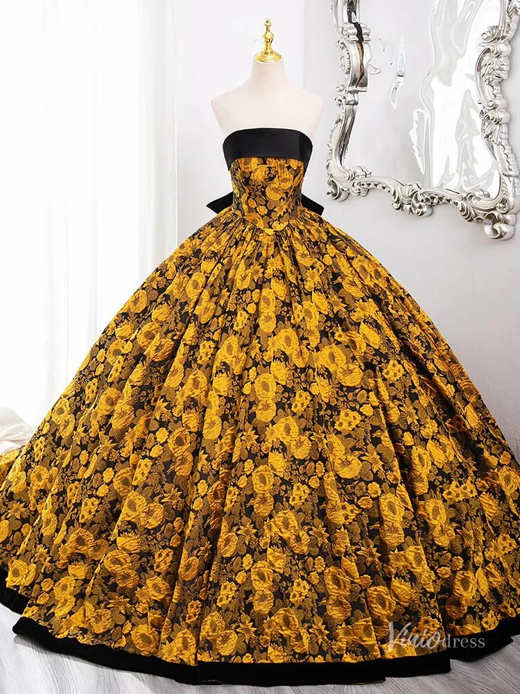 Stunning Yellow Floral Blossom Prom Ball Gown Strapless Bow Tie Quinceanera Dresses BG010