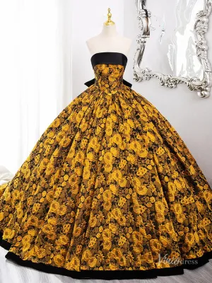 Stunning Yellow Floral Blossom Prom Ball Gown Strapless Bow Tie Quinceanera Dresses BG010