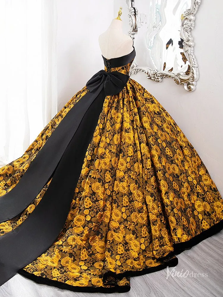 Stunning Yellow Floral Blossom Prom Ball Gown Strapless Bow Tie Quinceanera Dresses BG010