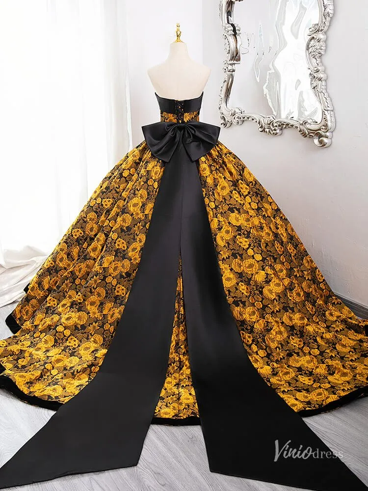 Stunning Yellow Floral Blossom Prom Ball Gown Strapless Bow Tie Quinceanera Dresses BG010