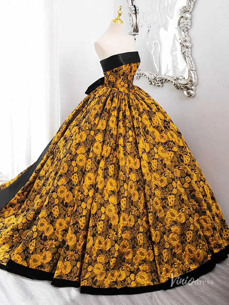 Stunning Yellow Floral Blossom Prom Ball Gown Strapless Bow Tie Quinceanera Dresses BG010