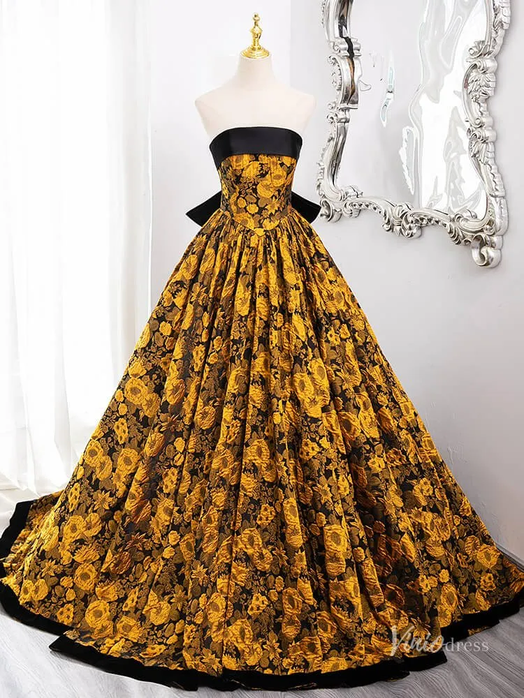 Stunning Yellow Floral Blossom Prom Ball Gown Strapless Bow Tie Quinceanera Dresses BG010