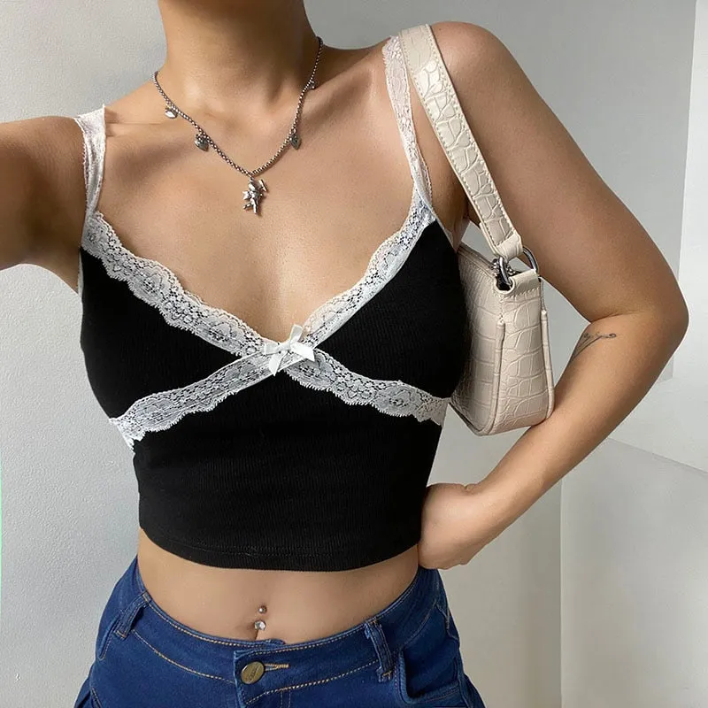 Summer Lace Strap Cute Leisure Crop Tops Fashion Sleeveless V Neck Sexy Tank Top