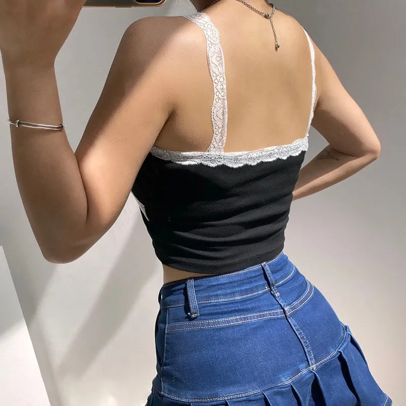 Summer Lace Strap Cute Leisure Crop Tops Fashion Sleeveless V Neck Sexy Tank Top