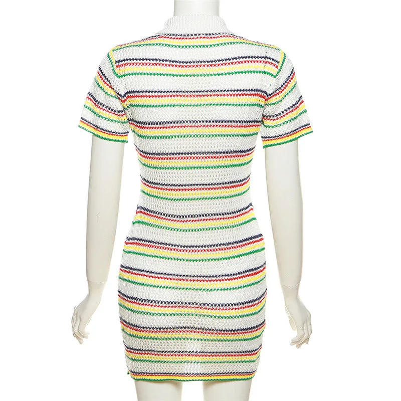 Summer Lapel Collar Contrast Stripe Knit Dress