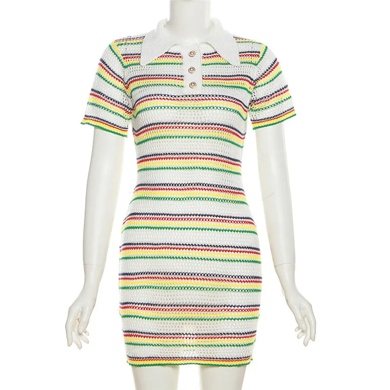 Summer Lapel Collar Contrast Stripe Knit Dress