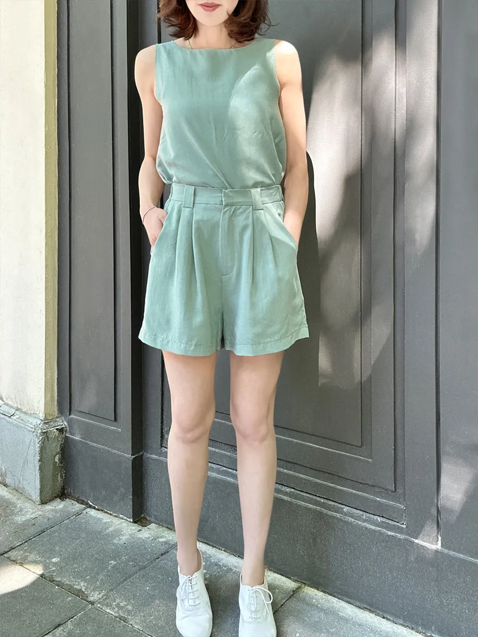 Surprise Sale! Pastel Green Pleated Detail Breezy Silky Shorts