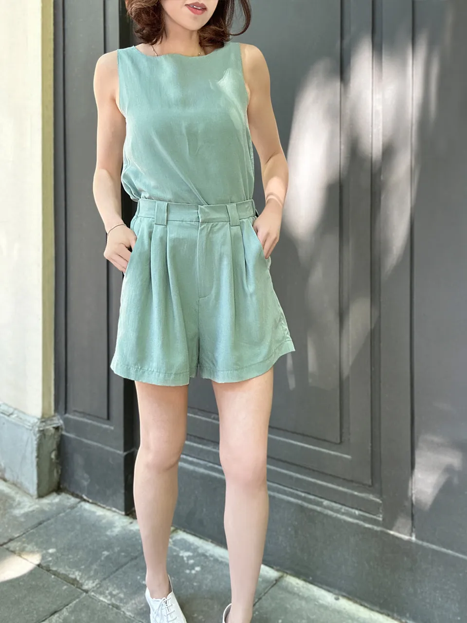 Surprise Sale! Pastel Green Pleated Detail Breezy Silky Shorts