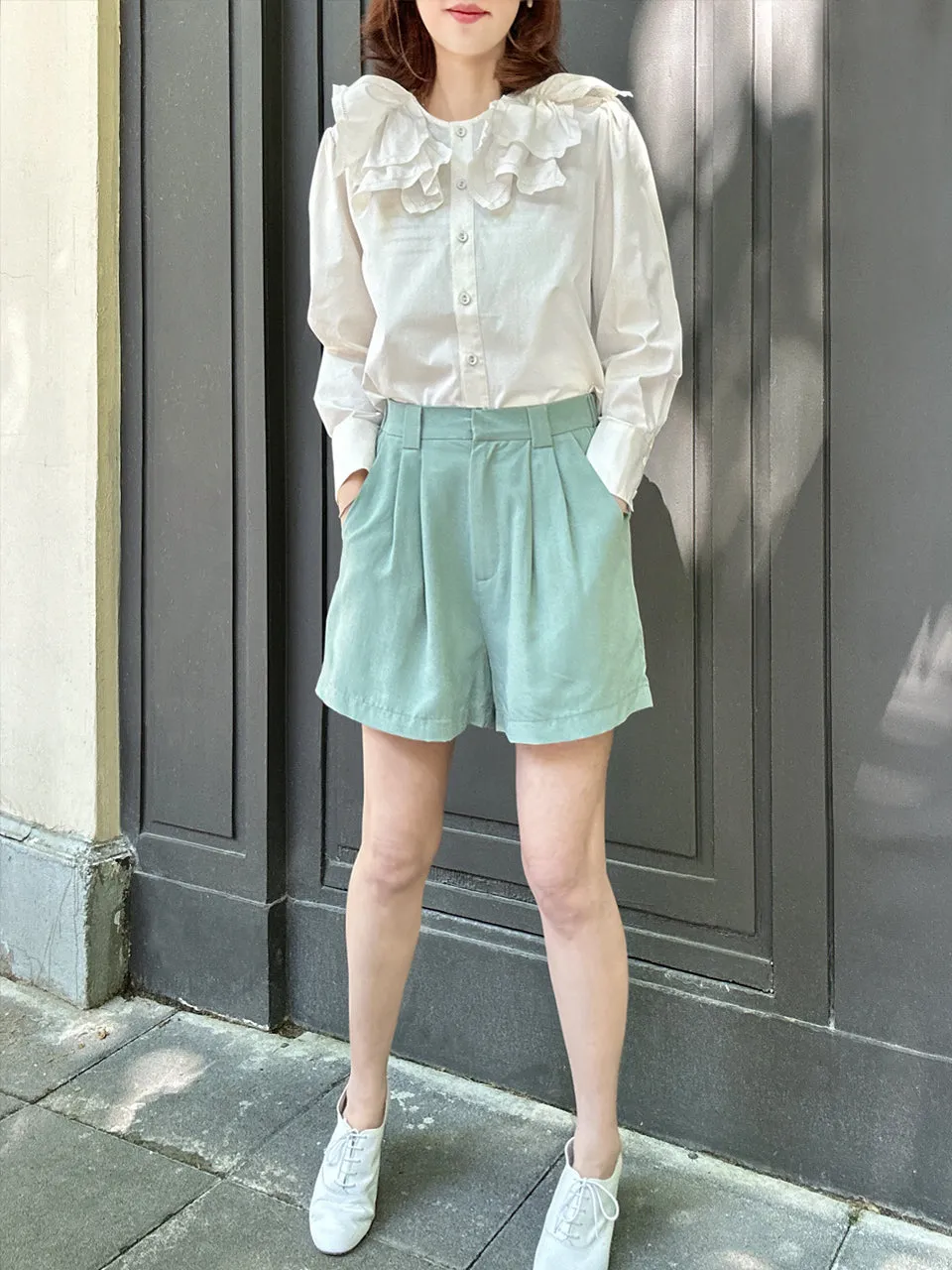Surprise Sale! Pastel Green Pleated Detail Breezy Silky Shorts