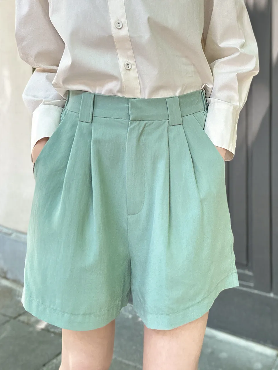 Surprise Sale! Pastel Green Pleated Detail Breezy Silky Shorts
