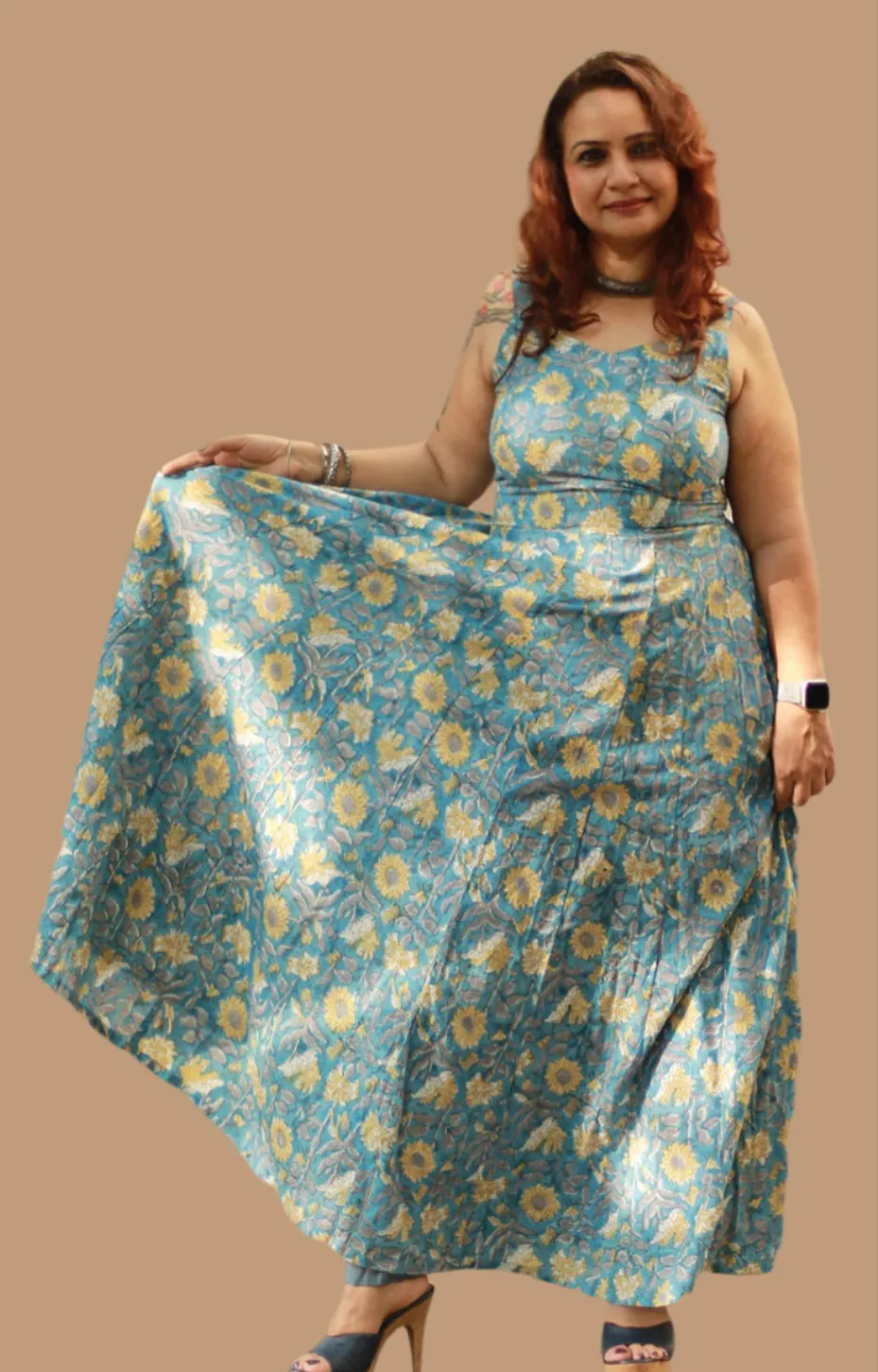 Tarangini |Long  Kali Dress | Blue & Yellow Florals Sanganeri