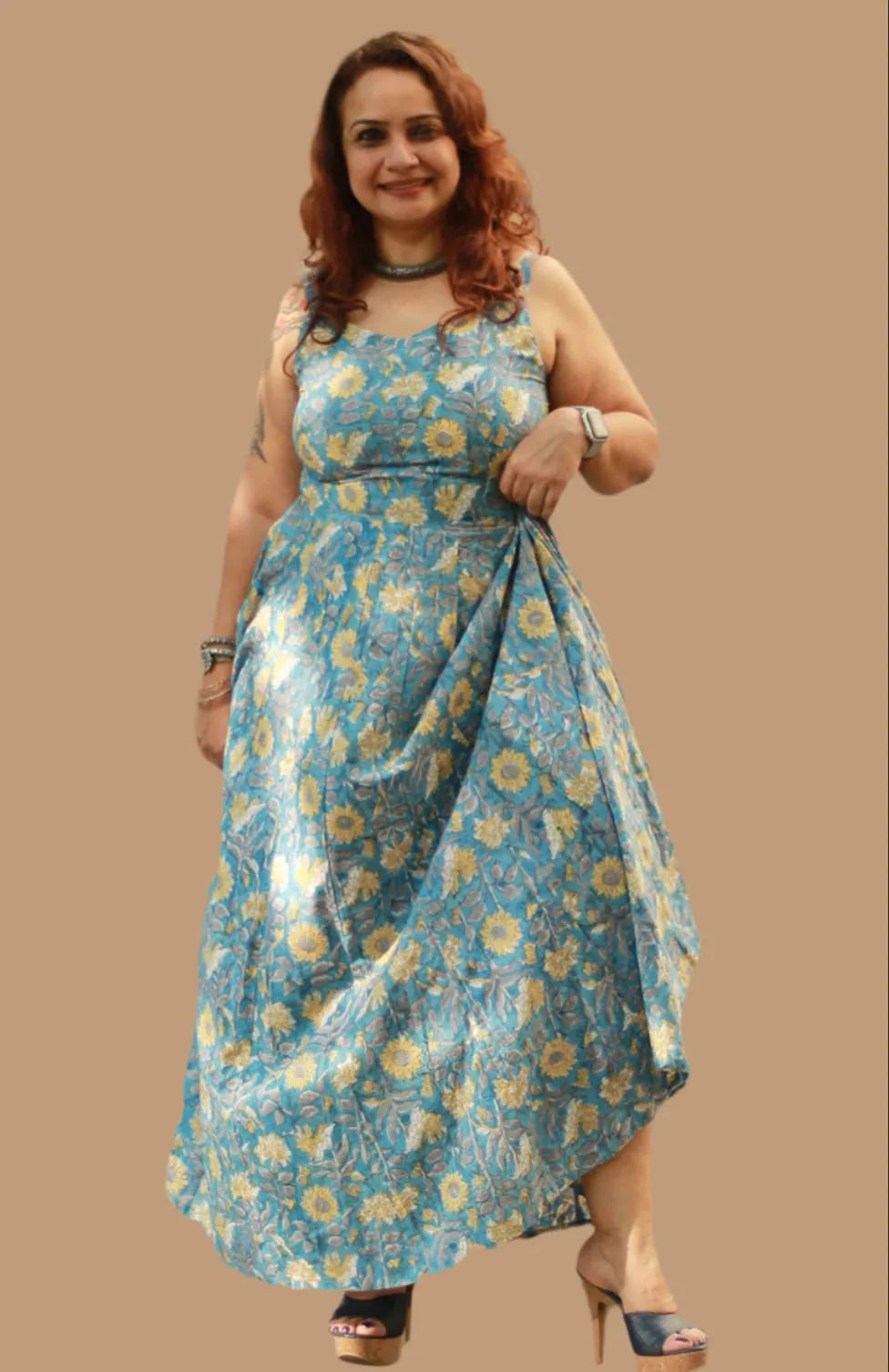 Tarangini |Long  Kali Dress | Blue & Yellow Florals Sanganeri