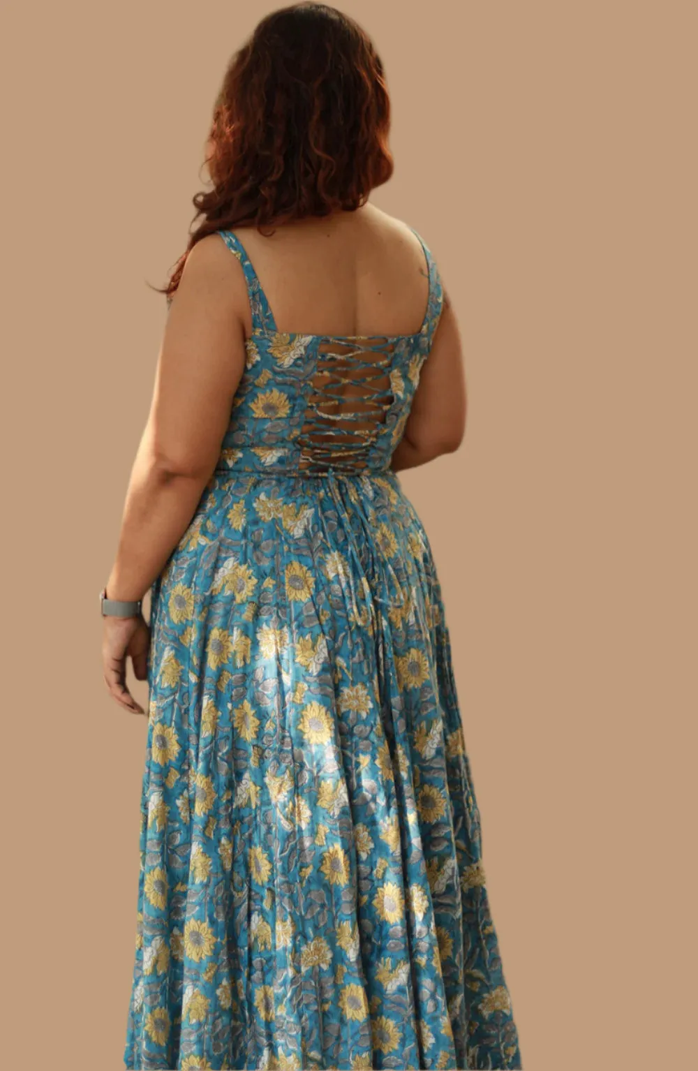 Tarangini |Long  Kali Dress | Blue & Yellow Florals Sanganeri