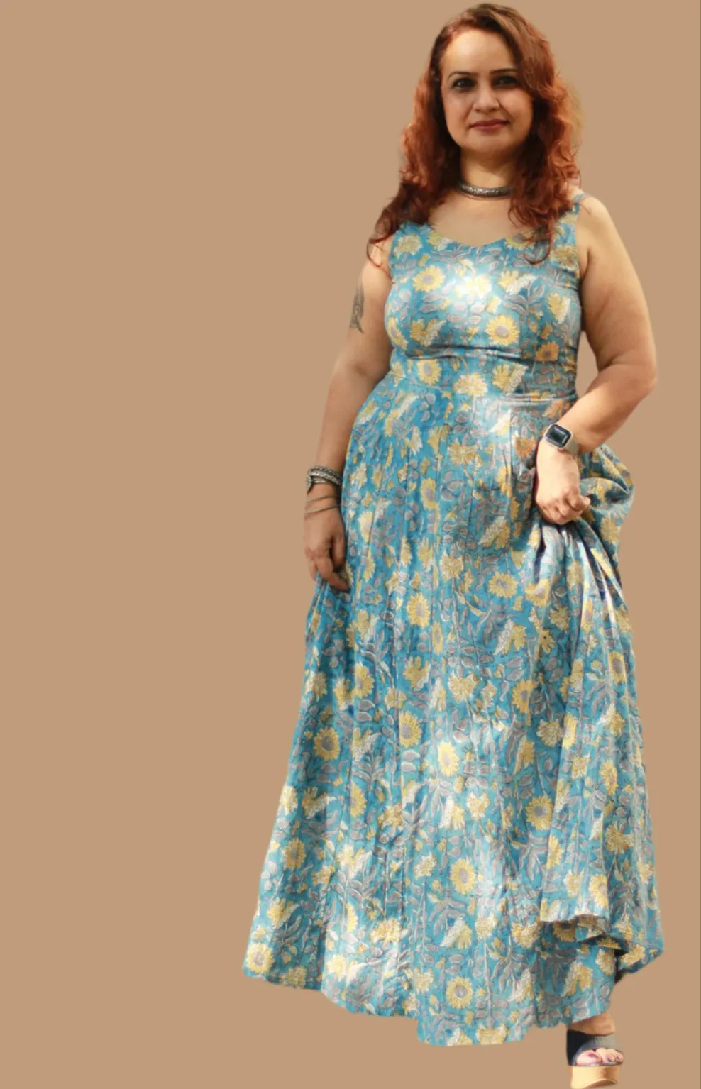 Tarangini |Long  Kali Dress | Blue & Yellow Florals Sanganeri