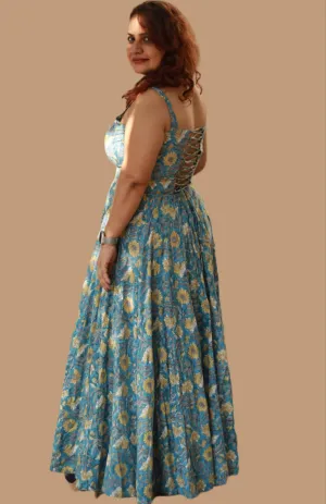 Tarangini |Long  Kali Dress | Blue & Yellow Florals Sanganeri