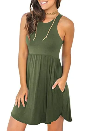 Unbranded* Women'S Sleeveless Loose Plain Dresses Casual Short Dress With Pockets Medium, 07 Army Green