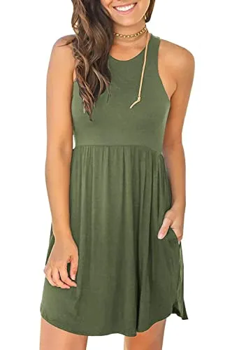 Unbranded* Women'S Sleeveless Loose Plain Dresses Casual Short Dress With Pockets Medium, 07 Army Green